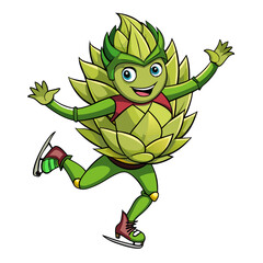 Happy cartoon artichoke character ice skating and waving