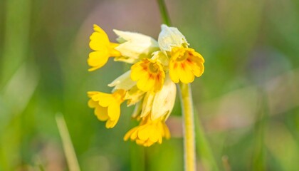 Close-up of bright yellow Cowslip flowers in a natural green environment