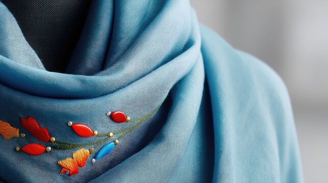Close-Up of Blue Textile with Red and Orange Floral Medallions