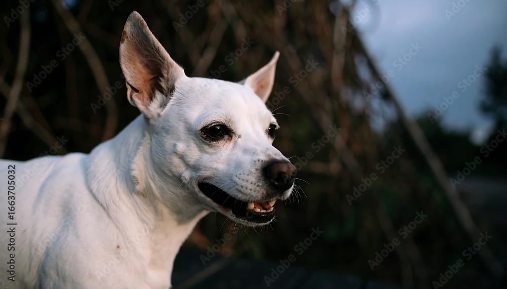 Poster close-up profile view of a white dog, showcasing its attentive expression and soft features against 