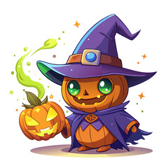 Cute cartoon pumpkin character wearing a witch hat and cape holding a jack o lantern