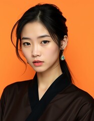 Portrait of a young asian woman with dark hair and brown robe against orange backdrop