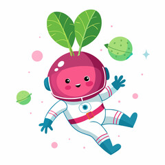 Cute cartoon radish astronaut floating in space with planets