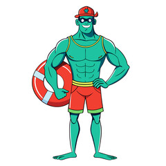 Muscular lifeguard character with a life preserver and cap