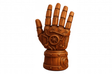 Wooden mechanical prosthetic hand extending five fingers, transparent backdrop, steampunk-inspired design element