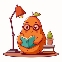 Cute cartoon pear character wearing glasses reading a book under a desk lamp