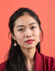 Portrait of a young asian woman with dark hair and red lipstick against an orange background
