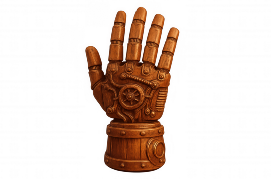 Wooden mechanical prosthetic hand extending five fingers, transparent backdrop, steampunk-inspired design element
