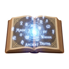 Ancient grimoire open with mystical symbols and glowing energy isolated on transparent background
