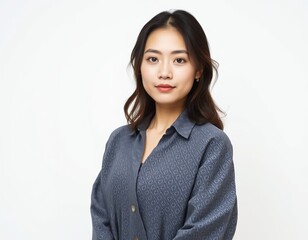 Portrait of a young asian woman with dark hair wearing a patterned blue button down shirt