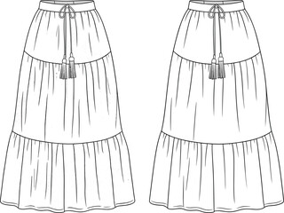 Cad drawing flat vector illustration, women's tiered maxi skirt design, boho style long skirt fashion template, casual summer apparel sketch, tassel tie waist garment technical drawing