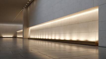 Fototapeta premium Illuminated gallery space, soft lights, bright glow, marble floor reflects light