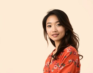 Portrait of a young asian woman with floral shirt looking at the camera on a plain background