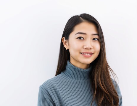 Portrait of a young asian woman with long brown hair wearing a blue turtleneck sweater