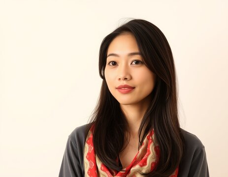 Portrait of a young asian woman with long dark hair and a patterned scarf against a plain wall