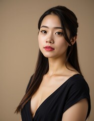 Portrait of a young asian woman with red lipstick and black dress against tan background