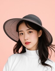 Portrait of a young woman wearing a wide brimmed black hat and white turtleneck sweater