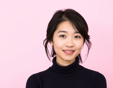 Portrait of a young asian woman with short dark hair wearing a black turtleneck shirt