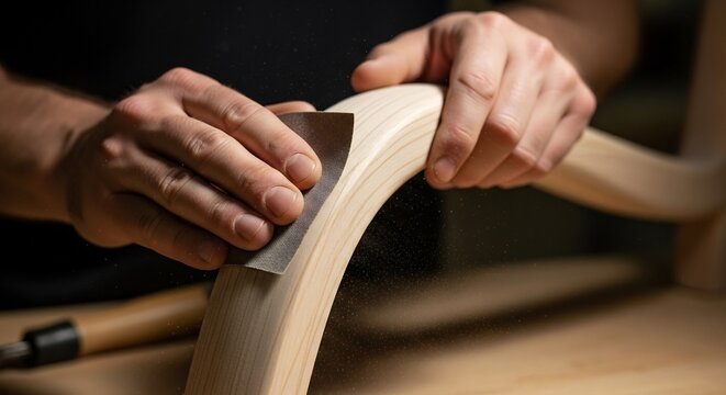 Skilled craftsman's hands carefully sanding a curved wooden piece, showcasing traditional woodworking techniques and fine detail.