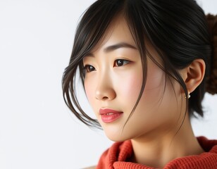 Portrait of a young woman with dark hair and red top against a white background looki