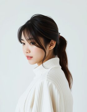 Portrait of a young woman with dark hair in a ponytail wearing a white turtleneck sweater