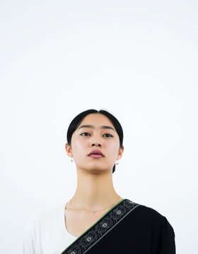 Portrait of a young woman with dark hair wearing a black and white patterned garment top