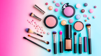Arrangement of various makeup products including brushes and blush on a gradient background
