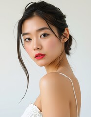 Portrait of a young woman with red lipstick and white top looking over her shoulder