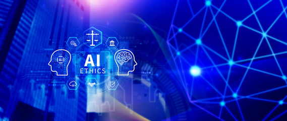 AI ethics expert guides the way, balancing artificial intelligence with humanity, Icons related AI ethics, symbols of legal scales, security, ethical standards and regulations in AI technology.
