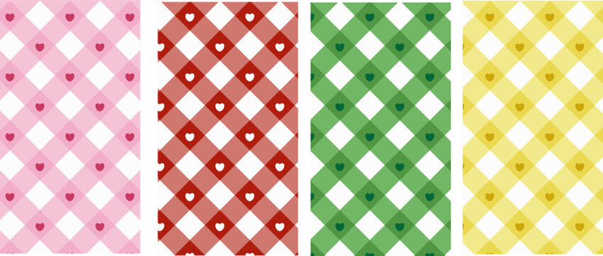 Check set seamless plaid pattern. Colorful plaid check set gingham seamless pattern. Multi color gingham checkered pattern background, with heart