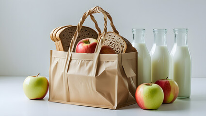 Grocery-Style Food Delivery Bag with Fruits, Bread, and Milk Peeking Out, Flat Minimal Vector Illustration, Isolated