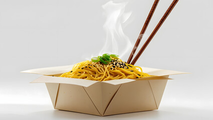 Hot Noodle Box with Chopsticks Sticking Out, Flat Minimal Vector Illustration of Asian Takeout Food, Isolated on White Background