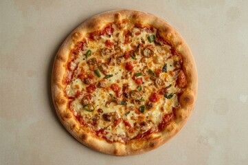 Delicious cheesy pizza overhead shot, kitchen countertop background