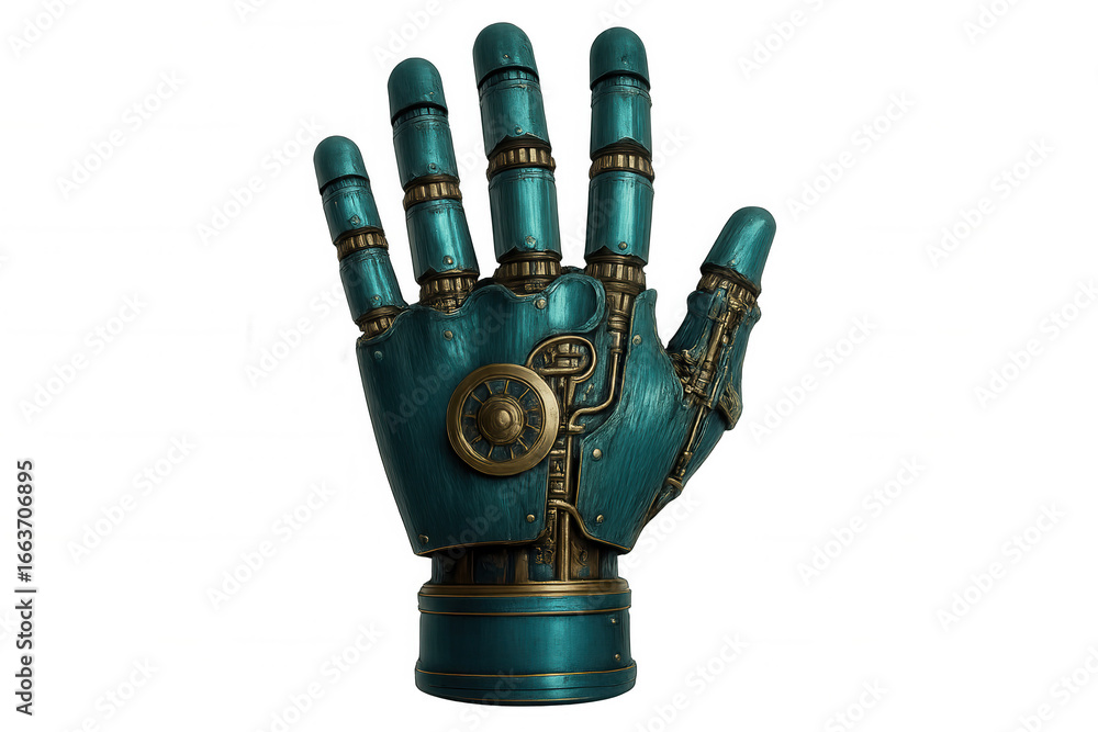 Poster metallic robot hand with visible gears and mechanisms showing four fingers, isolated on transparent 