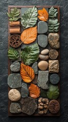 Leaves and natural materials  stone and wood vertical background