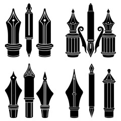 Fototapeta premium Collection of stylized black and white fountain pen nibs and pen holders in various designs and orientations