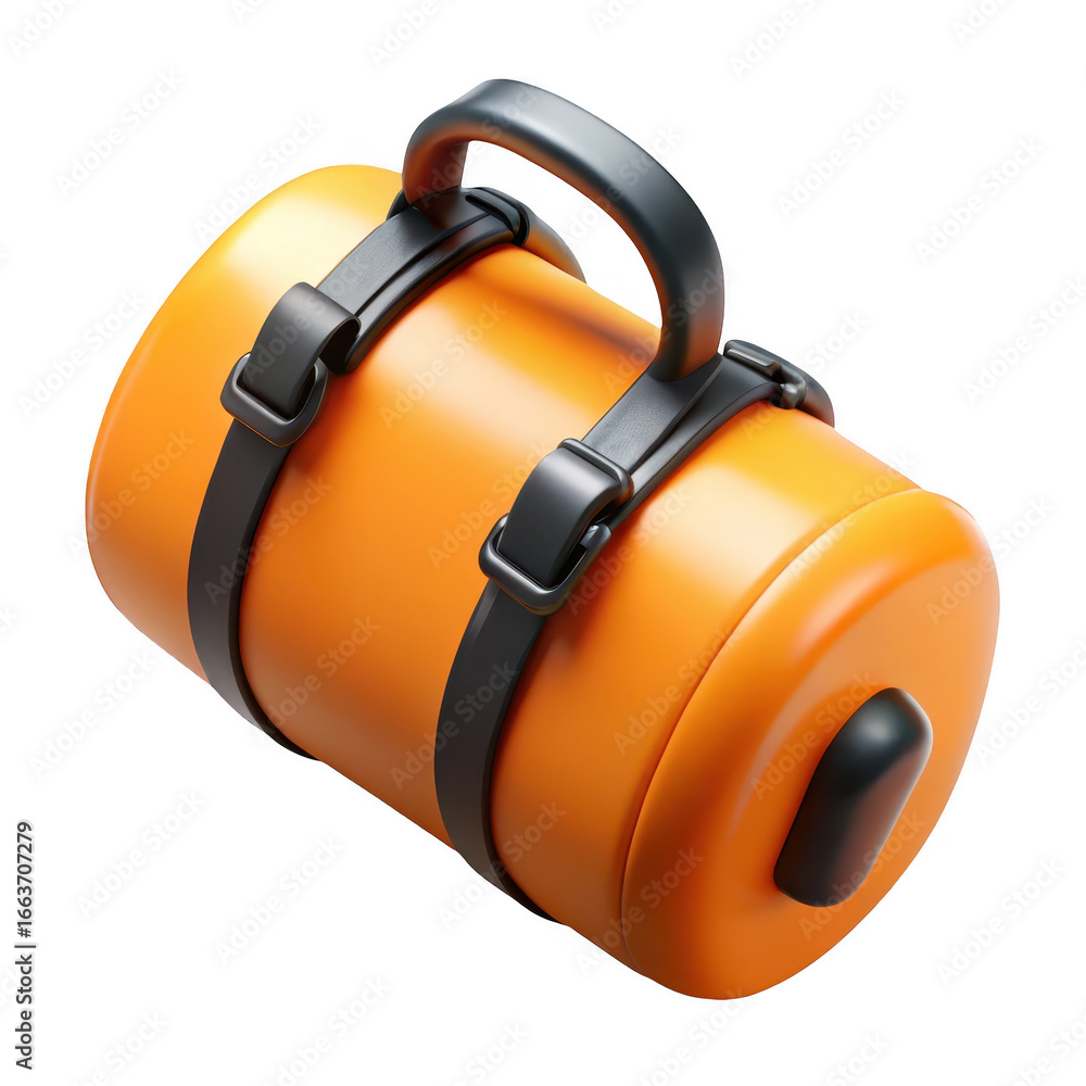 Poster 3d realistic orange portable lantern with black straps and handle transparent background