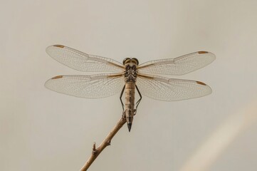 Dragonfly perched on twig, outdoor, neutral background, nature photography