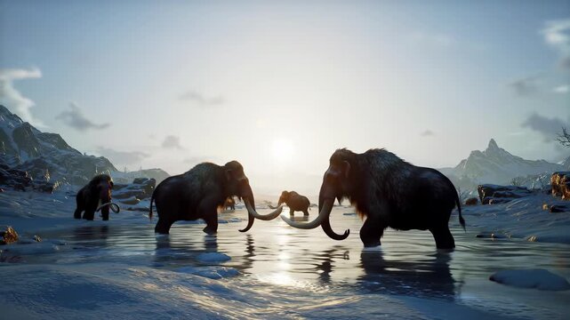 Woolly mammoths crossing icy landscape at sunset in majestic winter scene