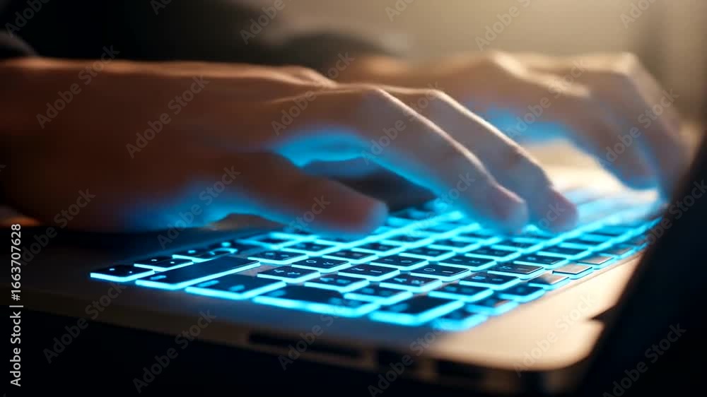 Aufkleber close-up view of hands typing on a laptop keyboard with illuminated keys.