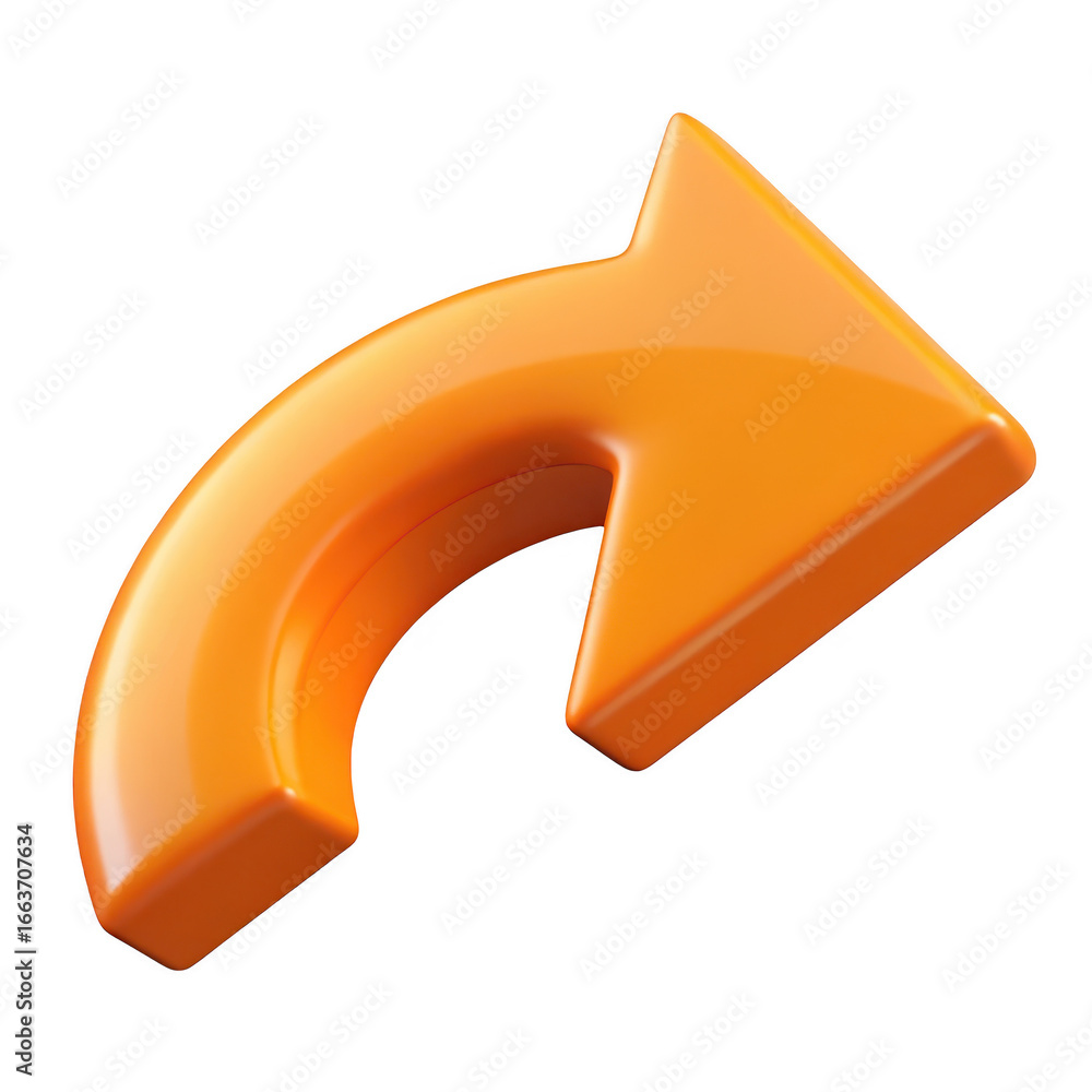 Poster 3d glossy orange arrow icon showing direction forward and up transparent background