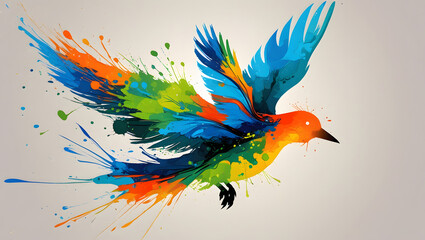 Multicolor Paint Splash Shaped Like a Flying Bird, Flat Minimal Vector Illustration, Creative Abstract Animal Art, Isolated on White Background