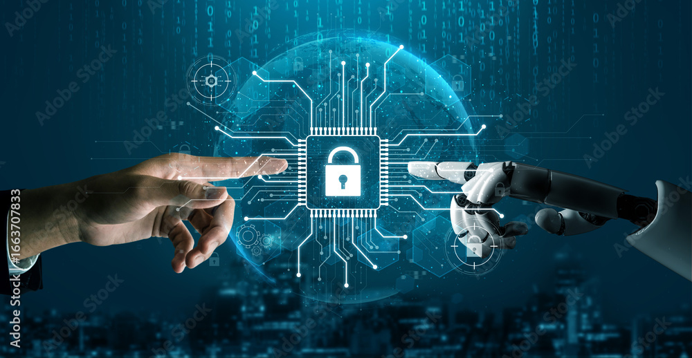 Poster ai safeguarding cyber security system, monitoring threats, analyzing attack patterns, and securing d