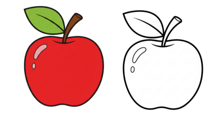 Red apple fruit illustration vector isolated transparent PNG, juicy fresh apple clipart, cartoon fruit drawing with green leaf, healthy organic food design, sweet fruit image, outline coloring page
