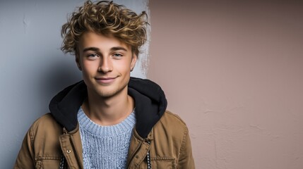 Fototapeta premium Teen boy in pastel beige jacket and blue sweater