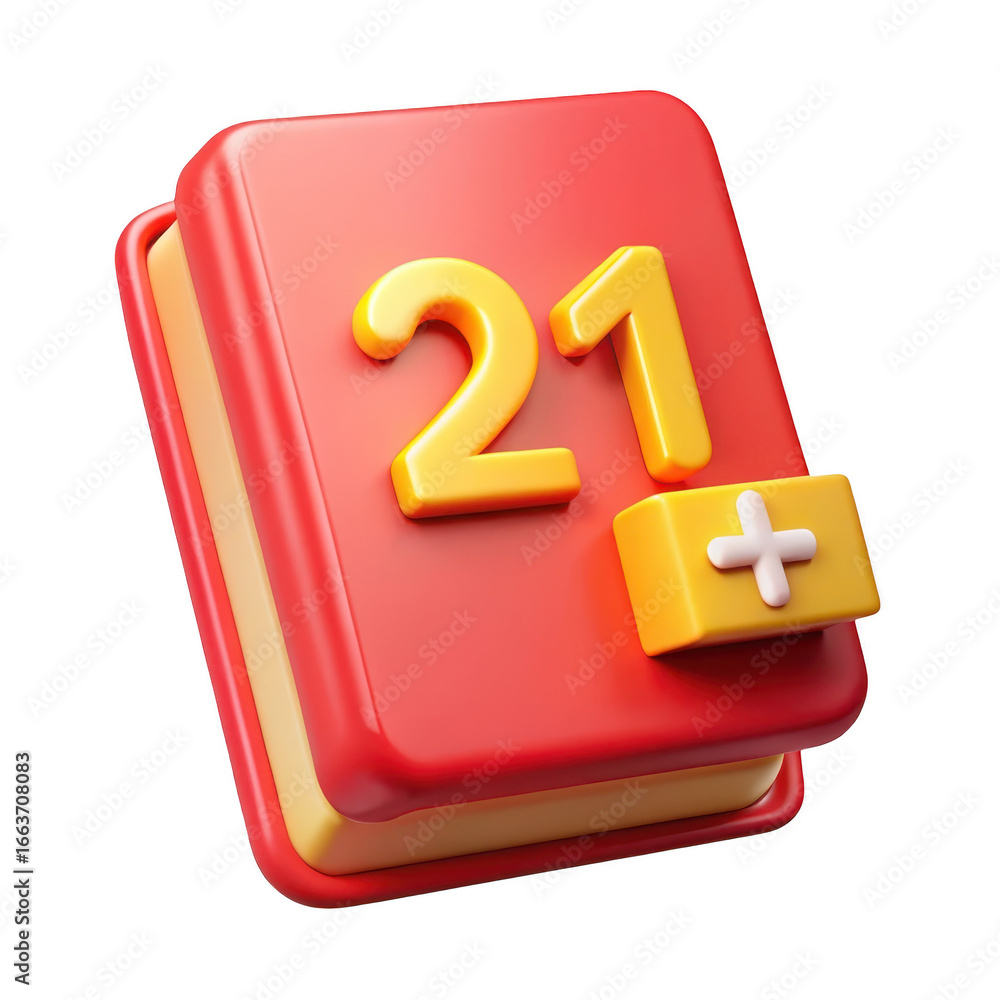 Poster 3d realistic red book with number 21 and plus symbol icon transparent background