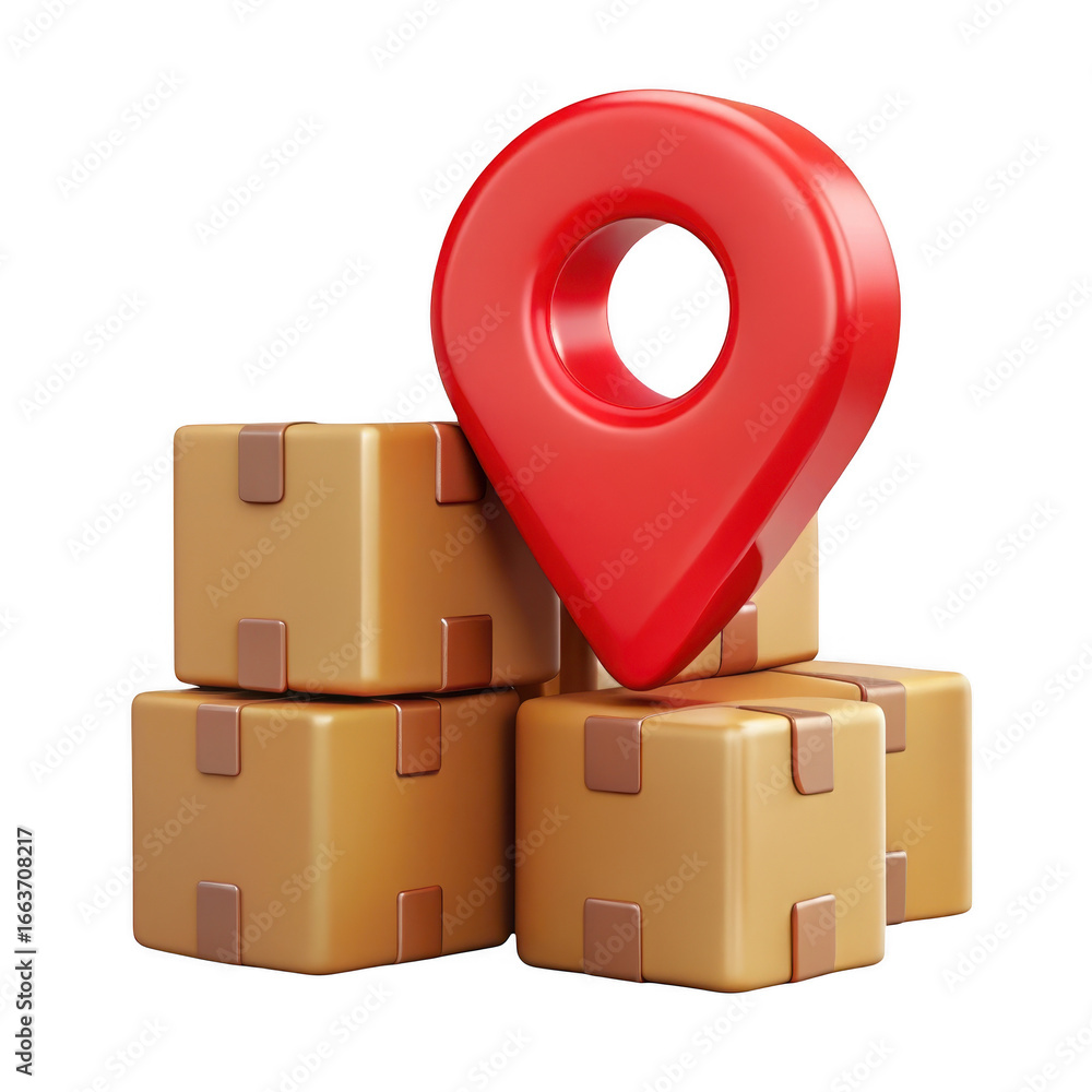 Poster 3d location pin marker icon on stack of cardboard delivery boxes transparent background