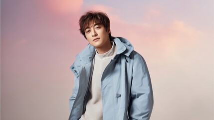 Teen boy winter pastel fashion with soft gradient background