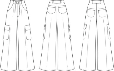 CAD drawing, flat vector illustration of wide-leg cargo pants, front and back views, fashion design template, technical sketch with detailed pockets, drawstring waist New CAD drawing, flat vector 