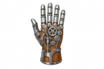 Robotic hand with visible gears and mechanisms, blending wood and metal in a steampunk aesthetic, isolated on a transparent background